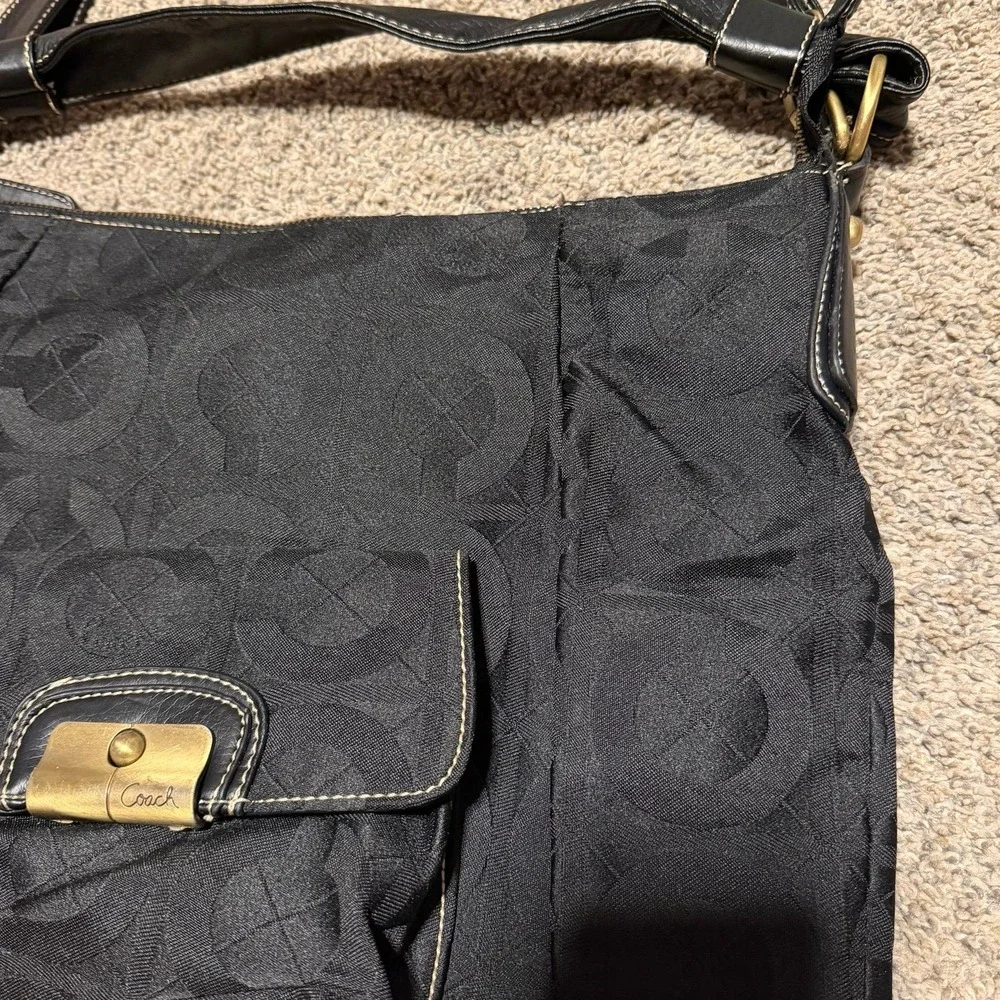 Coach Kristin Black Signature Jacquard Hobo Shoulder Bag Leather Trim